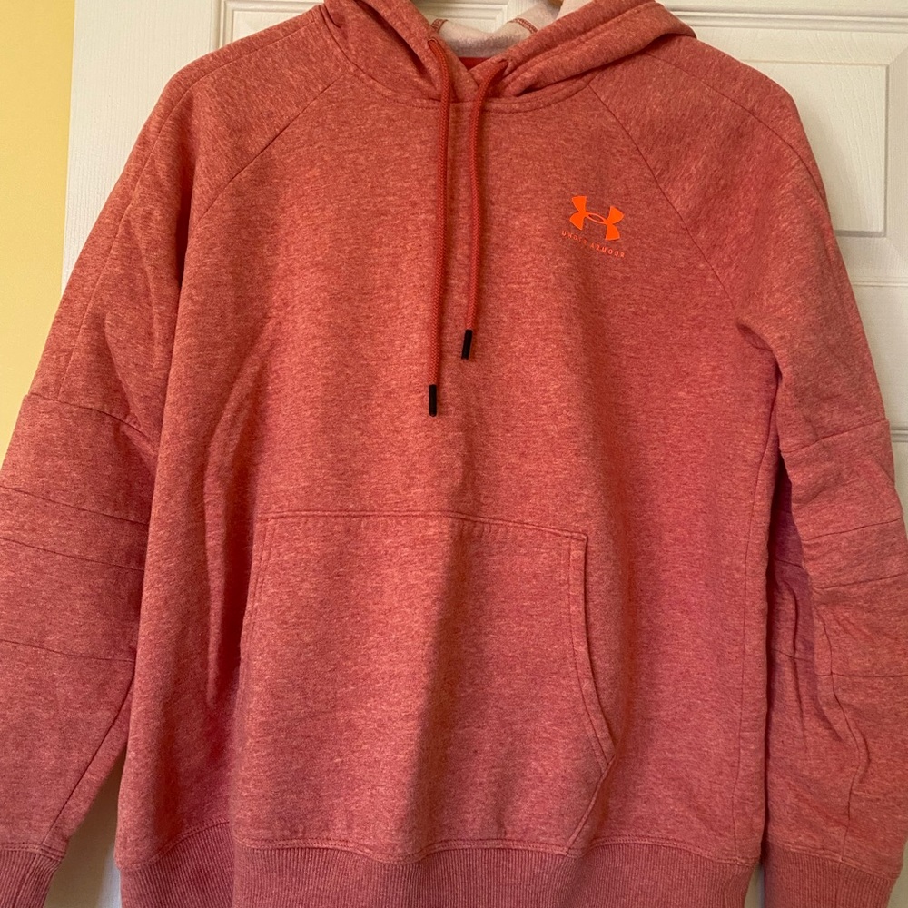 Under Armour women’s hoodie, Heather orange/red. Size small.